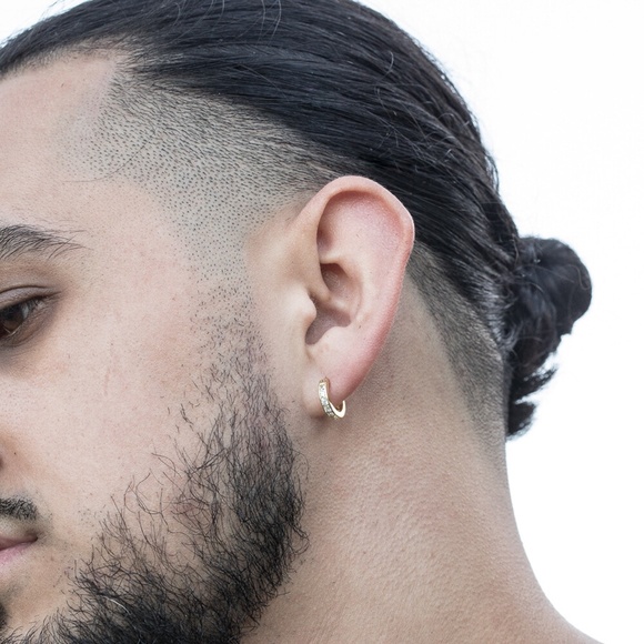 Men's Small  Iced Cz Solitaire Gold Plated Sterling Silver Skinny Hoop Earrings​ - Picture 3 of 5